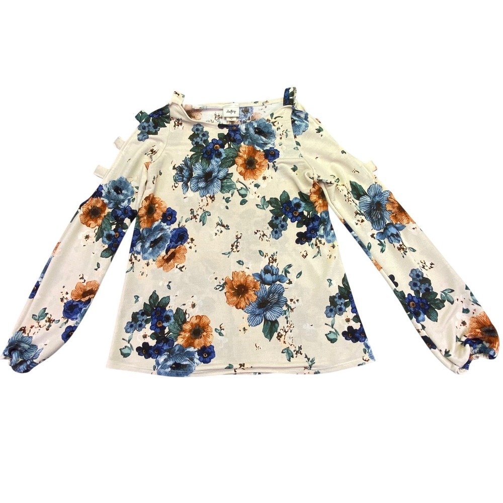 Daytrip Shirt Women's‎ Medium Floral Cold Shoulder Top Blue Orange Ladder Sleeve